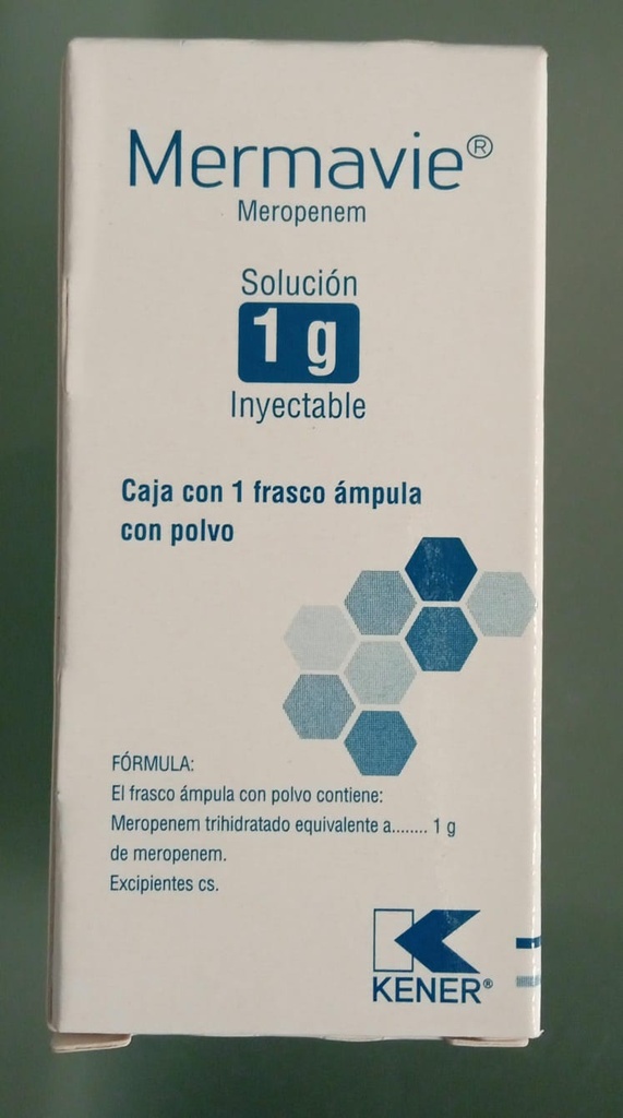 Mermavie Meropenem Solución Inyectable Cada frasco ámpula con polvo contiene: Meropenem trihidratado equivalente a 500 mg de meropenem. Envase con 1 frasco ámpula.