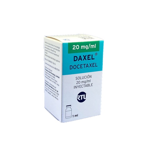 [7501052711065] Daxel Docetaxel Solución inyectable Cada frasco ámpula contiene: Docetaxel anhidro otrihidratado equivalente a 20 mg de docetaxel Envase con frasco ámpula con 20 mg con 1 ml.