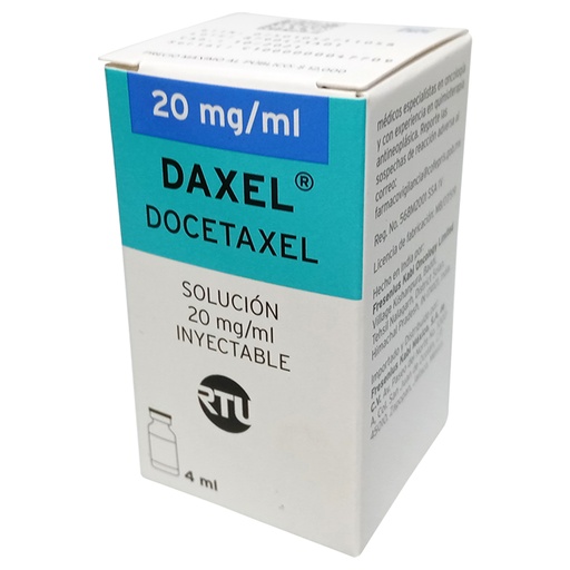 [7501052711058] Daxel Docetaxel Solución inyectable. Cada frasco ámpula contiene: Docetaxel anhidro o trihidratado equivalente a 80 mg de docetaxel Envase con frasco ámpula con 80 mg con 4 ml.