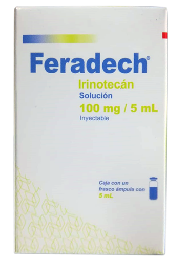 [7502216806979] Feradech Irinotecan Solución Inyectable El frasco ámpula contiene: Clorhidrato de irinotecan ó clorhidrato de irinotecan trihidratado 100 mg Envase con un frasco ámpula con 5 ml