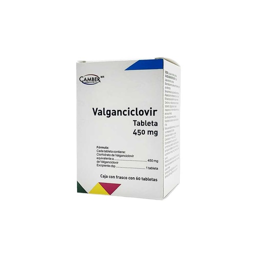 [7506442701961] Valganciclovir Comprimido Cada Comprimido contiene: Clorhidrato de valganciclovir equivalente a 450 mg de valganciclovir. Envase con 60 Comprimidos