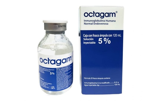 [01000052400000] Octagam 5% Inmunoglobulina g no modificada Solución Inyectable Cada frasco ámpula con liofilizado o Solución contienen: Inmunoglobulina G no modificada 6 g Envase con un frasco ámpula con 120 ml.