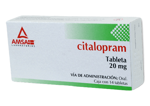 [7501349024922] Citalopram Tableta Cada Tableta contiene: Bromhidrato de citalopram equivalente a 20 mg de citalopram. Envase con 14 Tabletas Amsa