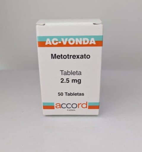 [7506335703416] AC-Vonda Metotrexato Tableta Cada Tableta contiene: Metotrexato sódico equivalente a 2.5 mg de metotrexato Envase con 50 Tabletas.