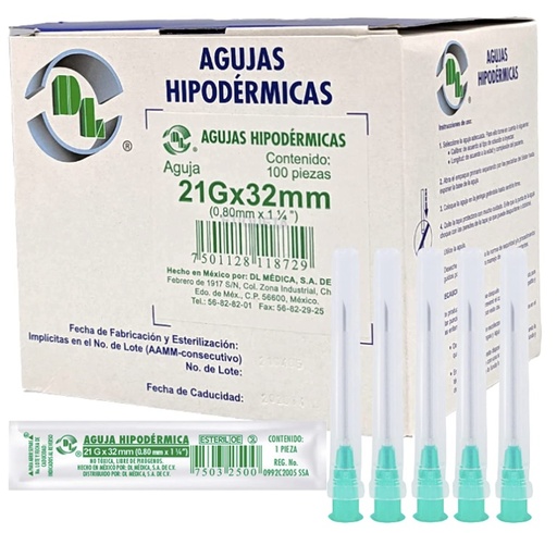 [DLBAGH21X32] AGUJA DESECHABLE 21G X 32MM (VERDE) C/100