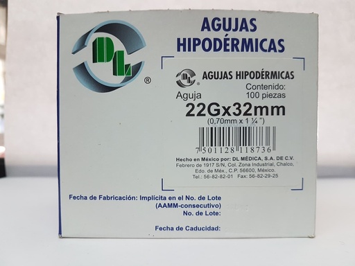 [DLBAGH22X32] AGUJA DESECHABLE 22 X 32 (NEGRA) C/100