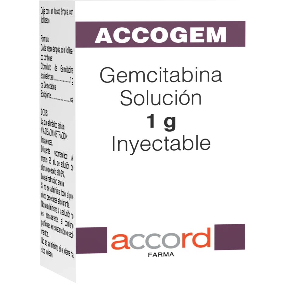 Accogem GEMCITABINA 1g/ 25mL. Envase con 1fco. Ampula. Seco, manejable hasta 25°C.                                                     