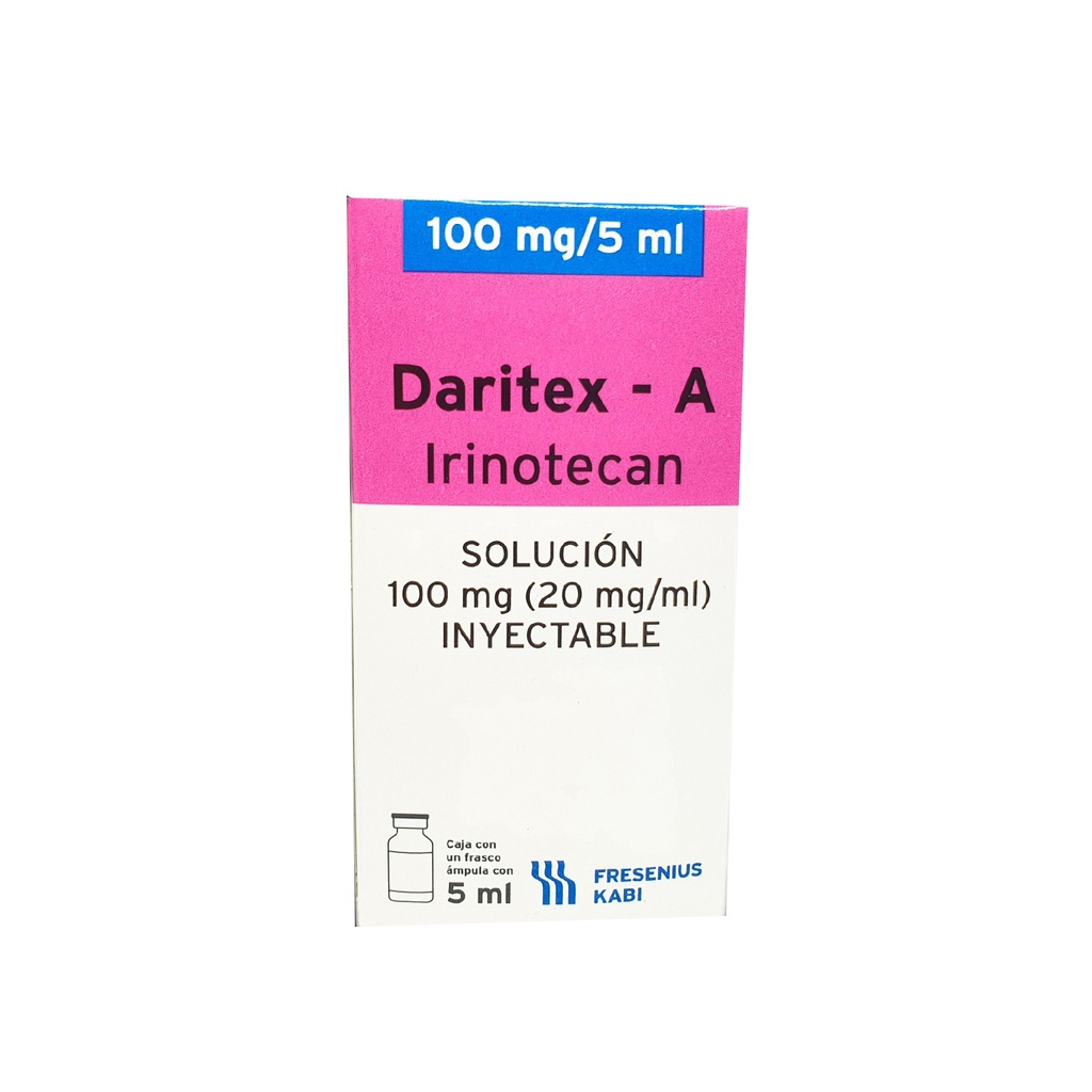 Daritex-A Irinotecan Solución Inyectable El frasco ámpula contiene: Clorhidrato de irinotecan ó clorhidrato de irinotecan trihidratado 100 mg Envase con un frasco ámpula con 5 ml FRESSENIUS KABI 