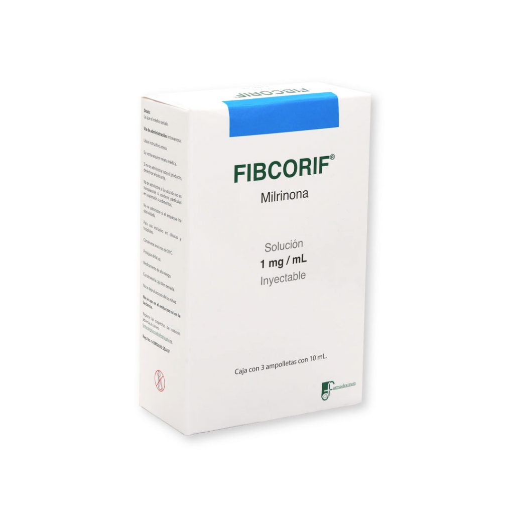 Fibcorif Milrinona Solución Inyectable Cada ampolleta o frasco ámpula contiene: Lactato de milrinona equivalente a 10 mg de milrinona Envase con tres ampolletas o frascos ámpula con 10 ml cada una (1 mg/1 ml). FARMADEXTRUM