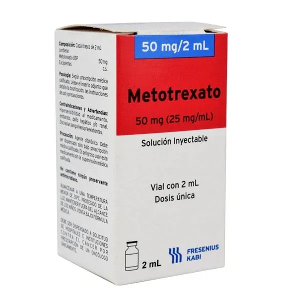 [7501052710648] Fresexate Metotrexato Solución Inyectable 50MG(25mg/2ML) Cada frasco ámpula con liofilizado contiene: Metotrexato sódico equivalente a 50 mg de metotrexato Envase con frasco ámpula .