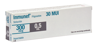 [7501559613671] Inmunef Filgrastim Solución Inyectable Cada frasco ámpula o jeringa contiene: Filgrastim 300 µg Envase con 5 frascos ámpula o Jeringas. TEVA