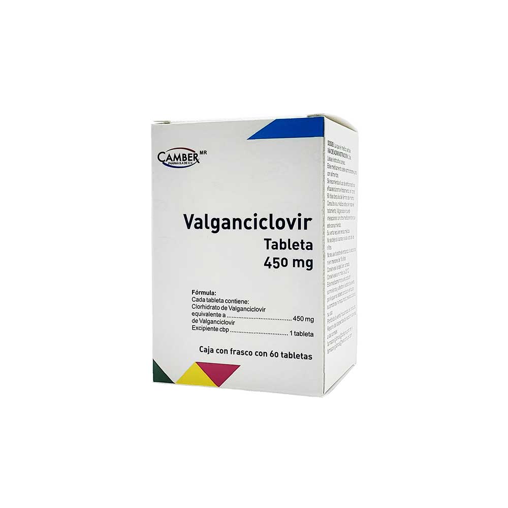[7506442701961] Valganciclovir Comprimido Cada Comprimido contiene: Clorhidrato de valganciclovir equivalente a 450 mg de valganciclovir. Envase con 60 Comprimidos CAMBER