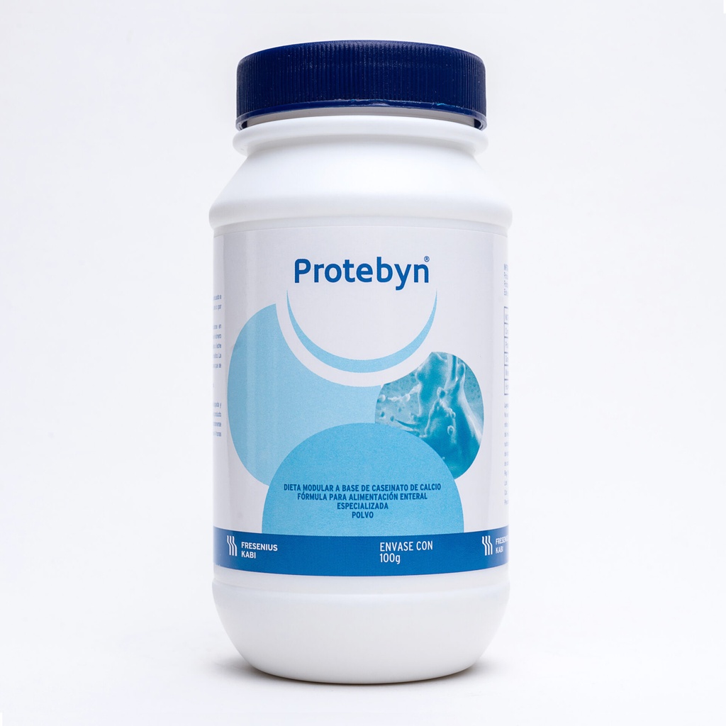 Protebyn Caseinato de calcio Polvo cada 100 g contienen: Proteínas 86.0 a 90.0 g. Grasas 0.0 a 2.0 g. Minerales 3.8 a 6.0 g. Humedad 0.0 a 6.2 g. Envase con 100 g. FRESSENIUS KABI