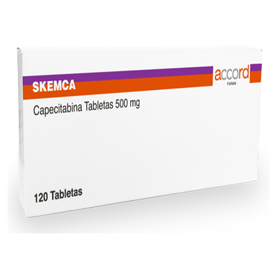 Skemca CAPECITABINA 500mg. Envase con 120 tabletas. Seco, manejable hasta 25°C.                                                     