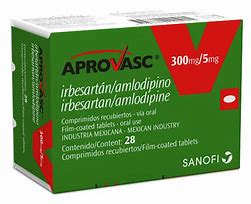 Aprovasc Amlodipino tableta cada tableta contiene: irbersartan 300mg besilato de amlodipino equivalente a 5mg de amlodipino envase con 28 tabletas.  SANOFI