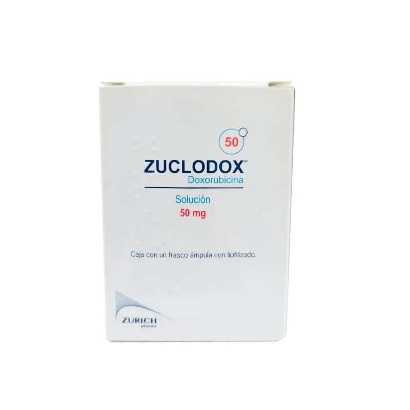 ZUCLODOX DOXORRUBICINA. SOLUCIÓN INYECTABLE CADA FRASCO ÁMPULA CON LIOFILIZADO CONTIENE: CLORHIDRATO DE DOXORRUBICINA 50 MG ENVASE CON UN FRASCO ÁMPULA. ZURICH