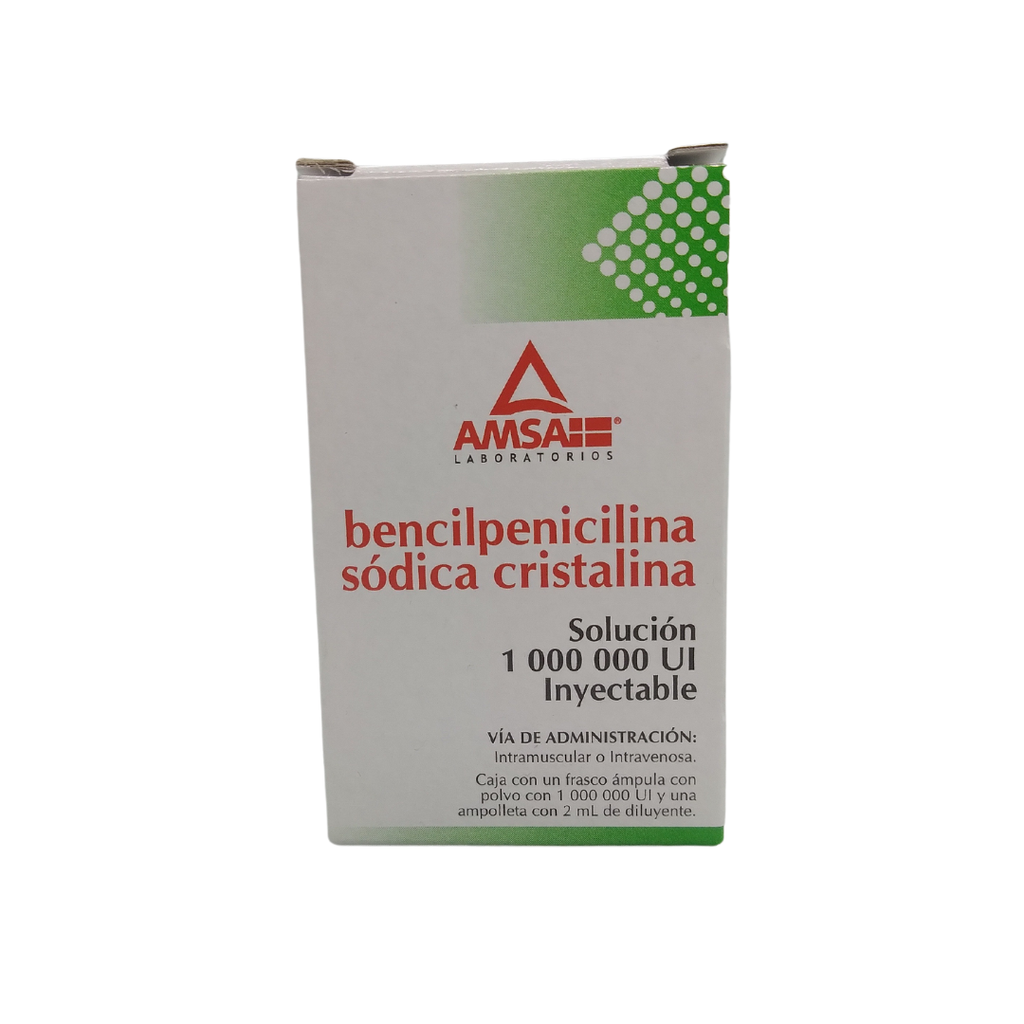 Bencilpenicilina sódica cristalina equivalente a 1000 000 UI de bencilpenicilina. Envase con un frasco ámpula con o sin 2 ml de diluyente. AMSA