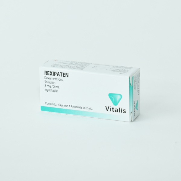 Rexipaten Dexametasona Solución Inyectable. Cada frasco ámpula o ampolleta contiene: Fosfato sódico de dexametasona equivalente a 8 mg de fosfato de dexametasona. Envase con un frasco ámpula o ampolleta con 2 ml. VITALIS
