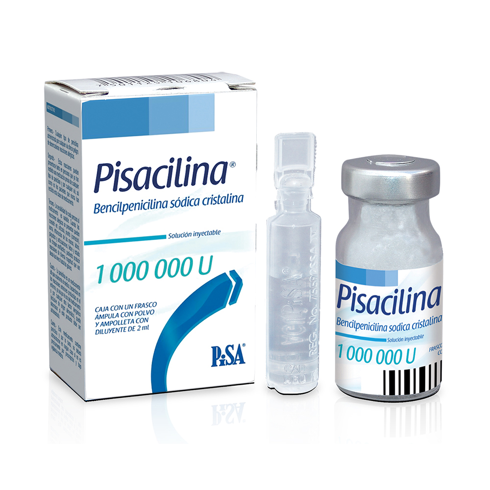 Bencilpenicilina sódica cristalina.(pisacilina) Solución Inyectable Cada frasco ámpula con polvo contiene: Bencilpenicilina sódica cristalina equivalente a 1000 000 UI de bencilpenicilina. Envase con un frasco ámpula con o sin 2 ml de diluyente.