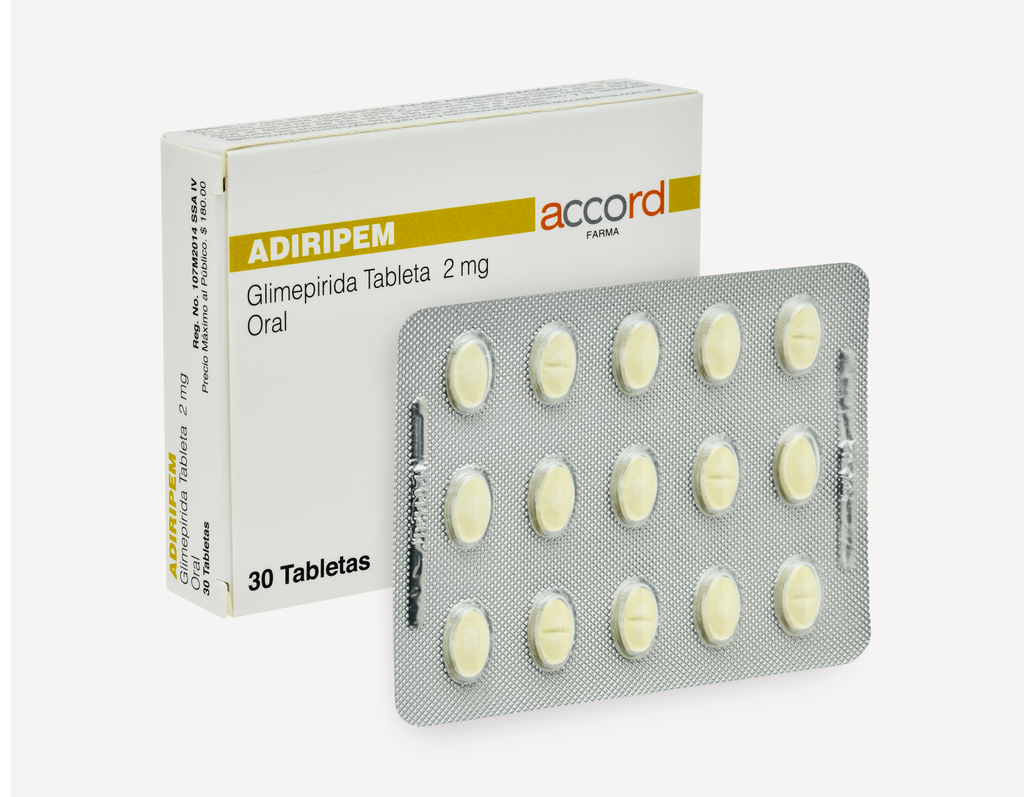 Adiripem GLIMEPIRIDA 2mg. Envase con 30 tabletas  Seco, manejable hasta 25°C.                                                     