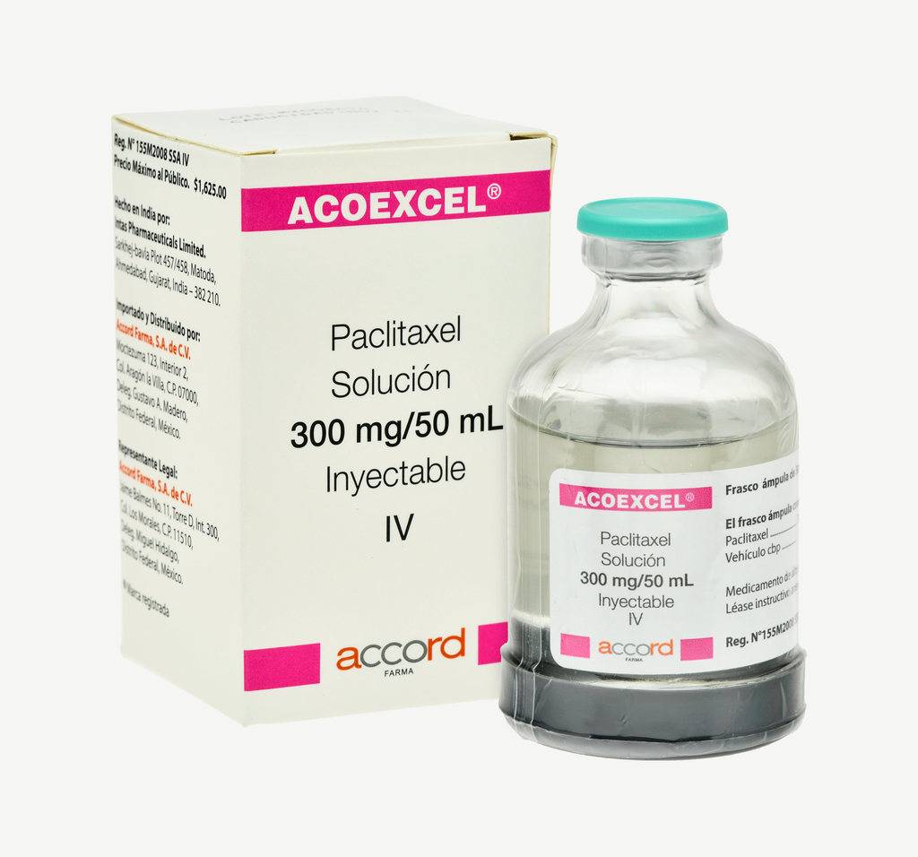 Paclitaxel.(Acoexcel) Solución Inyectable Cada frasco ámpula contiene: Paclitaxel 300 mg Envase con un frasco ámpula con 50 ml