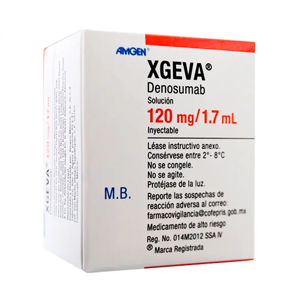 Denosumab.(Xgeva) Solución inyectable. Cada frasco ámpula contiene: Denosumab 120 mg Envase con un frasco ámpula con 1.7 ml.