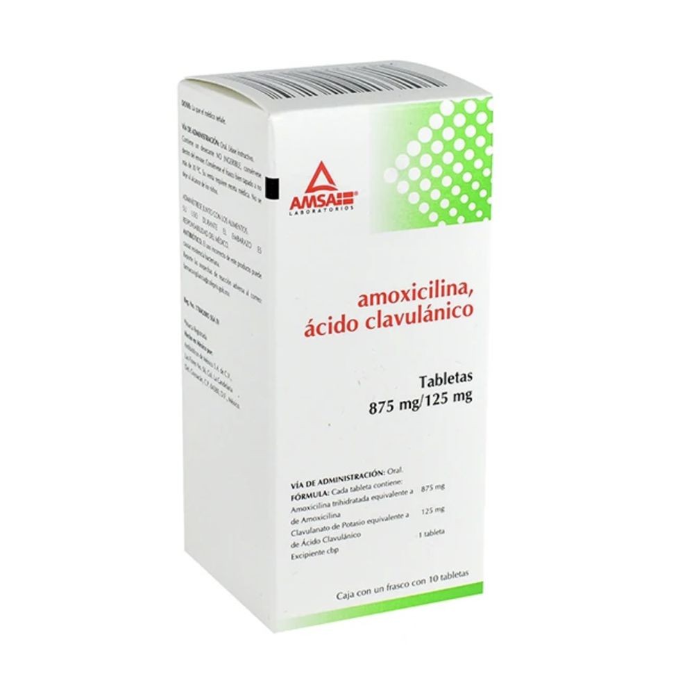 AMOXICILINA/ÁCIDO CLAVULÁNICO (Amsa) c/10 TABS. 875/125 MG. Amoxicilina+Ácido Clavulánico 875/125mg. (Tabs. Orales 12H). NA
