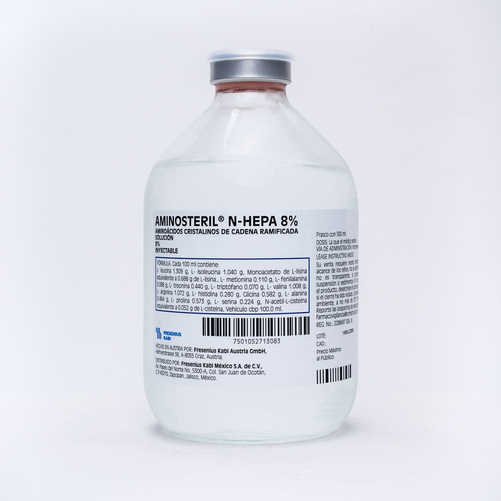 Aminoacidos Enriquecidos con Aminoacidos de Cadena Ramificada Solucion Inyectable cada 100ml Contiene Minimo-Maximo l-Isoleucina 700-1380mgL-Leucina 1100-1580MG L-lisina 265-690MG L-Metinoina 110-450mg L-Fenilalanina 80-480mg L-TR FRESSENIUS KABI 