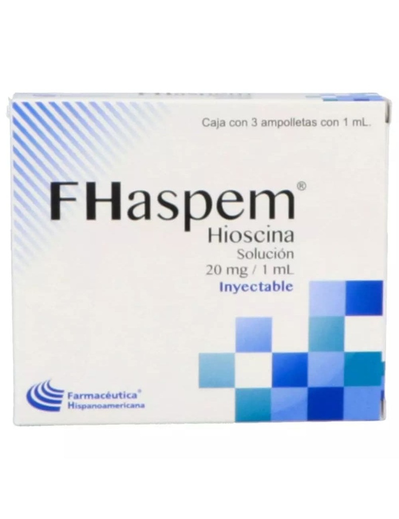 FHASPEM Sol. Iny. c/3 AMPTAS. 20 MG/1 ML. Butilhioscina ó Hioscina (Sol. Inyectable). NA