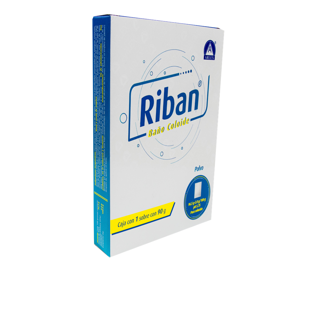 Baño coloide Polvo Cada gramo contiene: Harina de soya 965 mg contenido proteico 45% Polividona 20 mg Envase con un sobre individual de 90 g. Riban ARLEX 