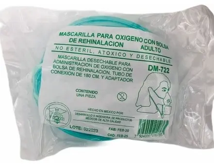 Mascarilla Desechable para administración de oxígeno con tubo de conexión de 180 cm y adaptador. 