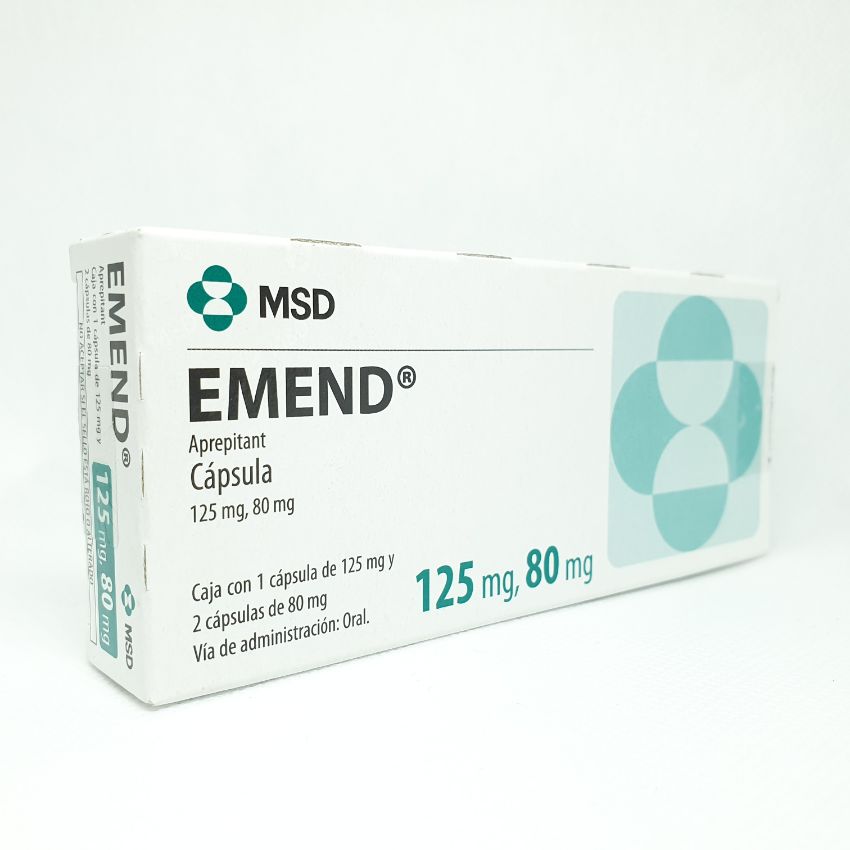 Emend Aprepitant Cápsula Cada Cápsula contiene: 125 mg de Aprepitant Cada Cápsula contiene: 80 mg de Aprepitant Envase con una Cápsula de 125 mg y 2 Cápsulas de 80 mg MSD