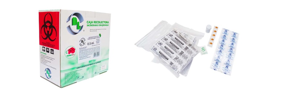 Jeringa desechable para aplicar 0.25 ml de vacuna Antiinfluenza; capacidad de 0.5 ml graduada en décimas de ml 0.25 ml con dos agujas: Una de calibre 20 x 32 mm para cargar la jeringa con el biológico y otra de calibre 23 x 25 mm para aplicar la vacuna; con émbolo que permita la inutilización de la misma después de su uso. Con la leyenda "Vacunación Universal . Caja incinerable con 50 ó 100 Piezas. Dl
