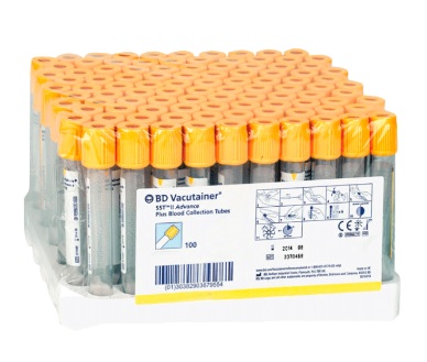 Tubo sistema para toma y recolección de sangre de plástico PET al vacío 13 x 100 mm desechable para adulto sin anticoagulante tapón oro con silicón como lubricante volumen de drenado 5 ml +0.3 ml recubrimiento  de  partículas  de  sílice BD
