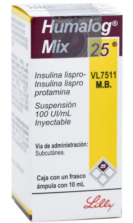 Humalog Mix Insulina lispro protamina. Suspensión Inyectable Cada ml contiene: Insulina lispro (origen ADN recombinante) 25 UI Insulina lispro protamina (origen ADN recombinante) 75 UI. Envase con un frasco ámpula con 10 ml. LILLY