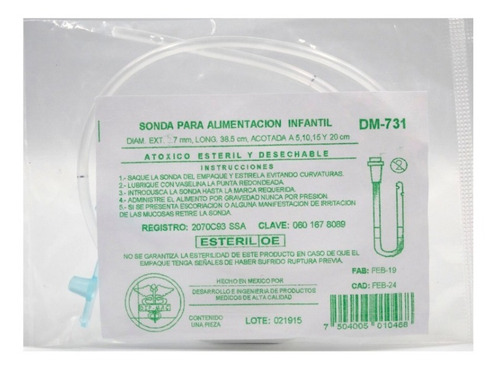 [7504005010475] Sondas. Para alimentación De plástico transparente estéril y desechable con un orificio en el extremo proximal y otro en los primeros 2 cm. Tamaño: Prematuros Longitud: 38.5 cm Calibre: 5 Fr.