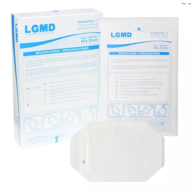 Apósitos Transparente, microporoso, autoadherible, estéril y desechable. Medidas: 10.0 a 10.16 x 12.0 a 14.0 cm. Envase con 50 piezas. 