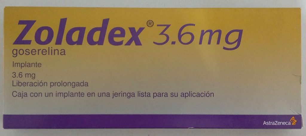 [7501324402998] Goserelina Implante de Liberación Prolongada Cada Implante contiene: Acetato de goserelina equivalente a 3.6 mg de goserelina base. Envase con Implante cilíndrico estéril en una jeringa lista para su aplicación.