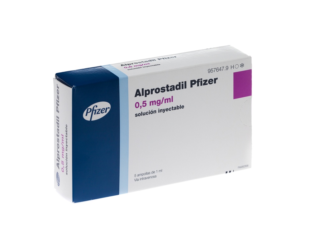 Alprostadil Solucion inyectable cada ampolleta contiene: Alprostadil 500 µg. envase con 5 ampolletas con 1 ml cada una (500 µg/ml).