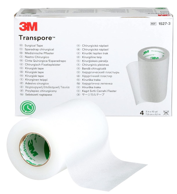 TRANSPORE TRES PULGADASCINTA TRANSPARENTE PLÁSTICA MICROPERFORADA DE POLIETILENO; CON ADHESIVO HIPOALERGÉNICA. LONGITUD DE 9-9.5 MTS. ANCHO: 7.50 CM. Unidades