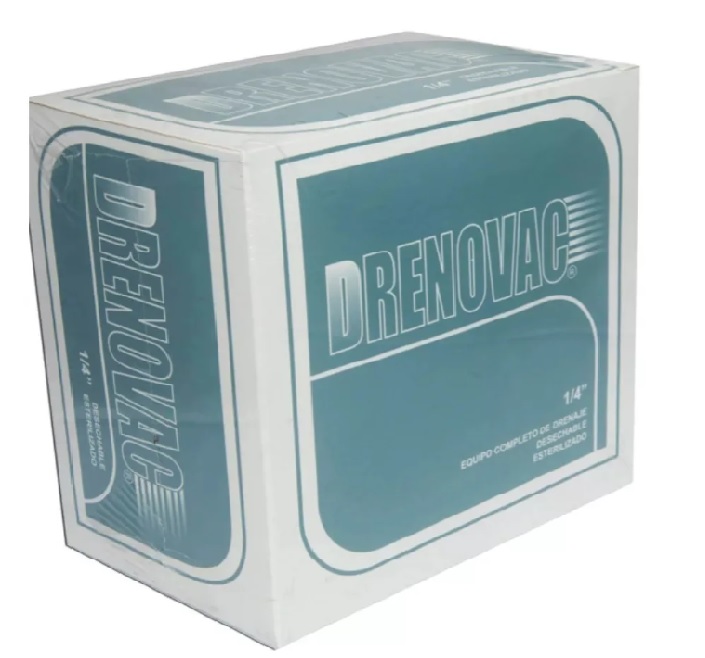 Drenovac Equipo Para drenaje por aspiración para uso postquirúrgico Consta de: fuelle succionador sonda conectora cinta de fijación sonda de succión multiperforada con diámetro externo de 6 mm con válvula de reflujo  y válvula  de activación. Drenovac azul 1/4 eq. P/dren . DRENOVAC
