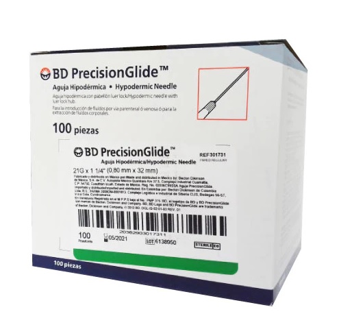 AGUJA DESECHABLE 21G X 32 MM (VERDE) C/100 BD