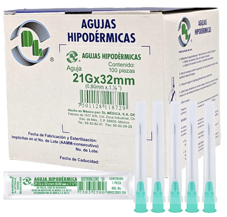 Aguja hipodérmica con pabellón luer-lock hembra de plástico desechables 21Gx32mm Cja. c/100 piezas.