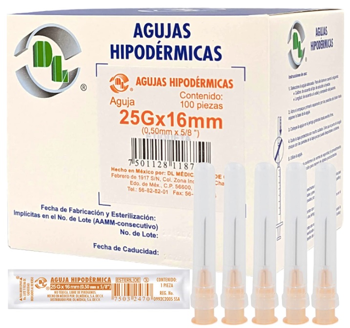 Aguja hipodérmica estéril y desechable calibre 25Gx16mm. con 100 piezas (0.50mm); Long. 5/8"(16mm); Color naranja] Usos: Aplicación de vacunas.
 DL