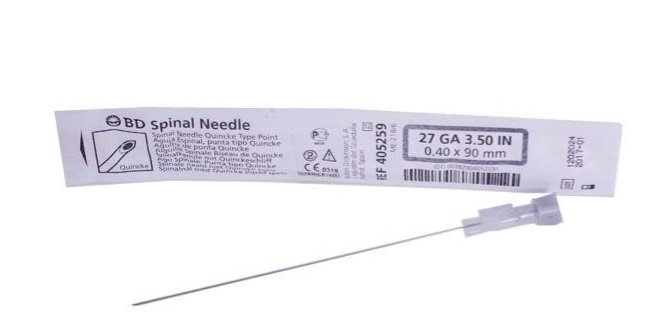 AGUJA ESPINAL PUNTA QUINCKE DESECHABLE 27G X 3 1/2 BD