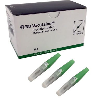 Aguja Para toma y recolección de sangre sencilla y/o múltiple estériles desechables. 21 G. x 38 mm. Caja con 100 piezas. BD