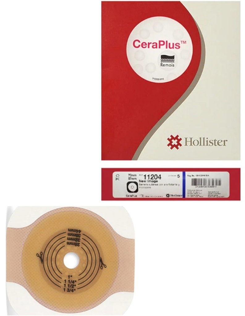 BARRERA DE COLOSTOMIA PLANA RECORTABLE 57MM, ARO 70MM CERAPLUS. CAJA CON 5P HOLLISTER