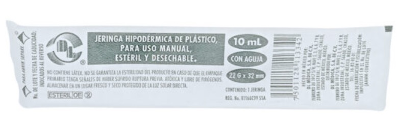 JERINGA HIPODERMICA DESECHABLE 10ML CON AGUJA 22G X 32MM C/100 DL