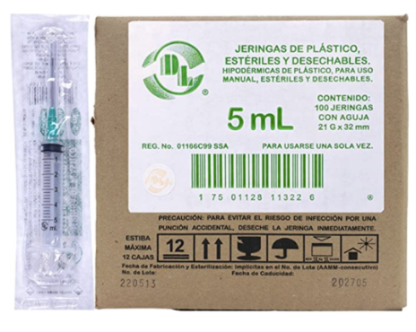Jeringa hipodermica 5mL con aguja 21x32 (Long. normal, Color verde) para uso manual estériles y desechables caja con 100 