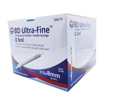 JERINGA  0.5mL. (BD U-Fine) Insulina c/AGUJA INTEGRADA 31Gx8mm. c/1 Pza. Jeringa  0.5mL de insulina con aguja integrada 31x 8 NA